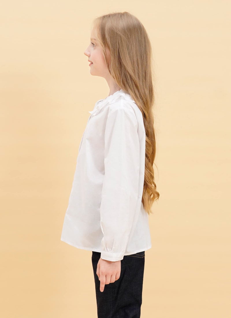 SOLOCOTE Girls White Blouse Ruffle Long Sleeve Button Down Shirts Princess Cotton Loose Soft Tops Spring and Summer, SLN9011 11-12 White - Image 3